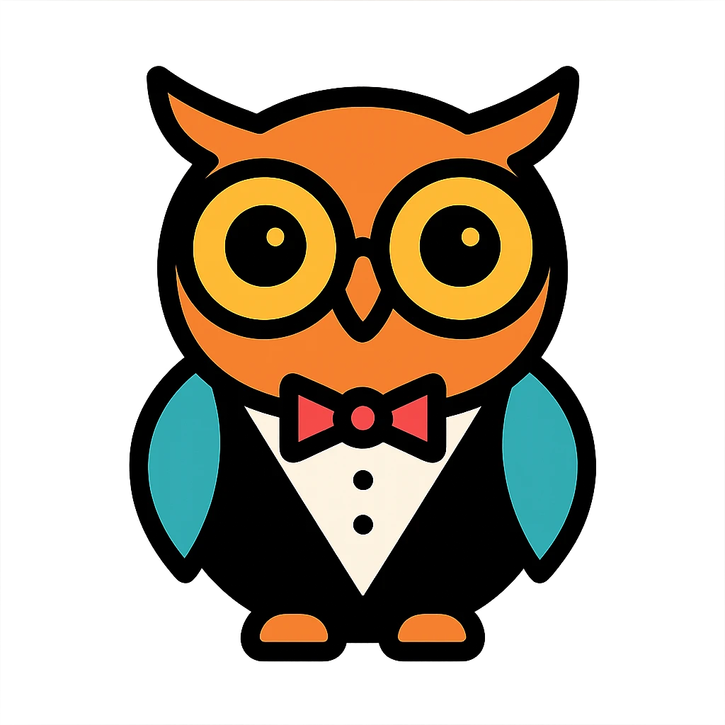 a friendly owl in a tuxedo, helpful expression, modern icon style emoji