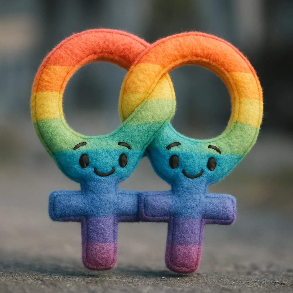 gay pride two interlocked female symbols, rainbow gradient, soft and fuzzy emoji