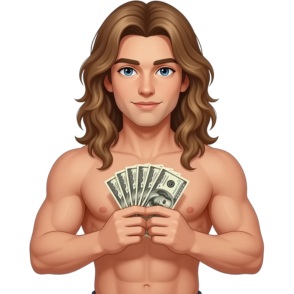 muscular shirtless twink with extremely long hair holding big money emoji