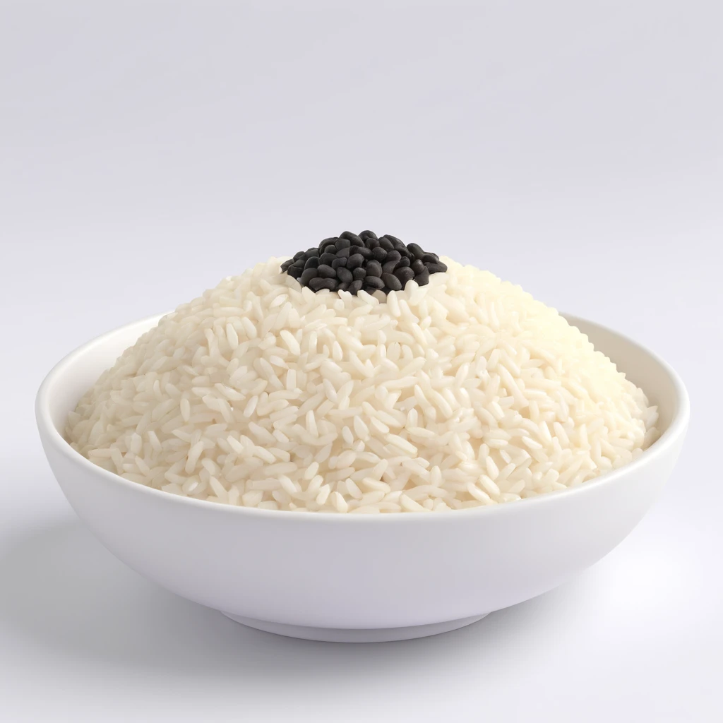 A dish of rice topped with black sesame seeds emoji