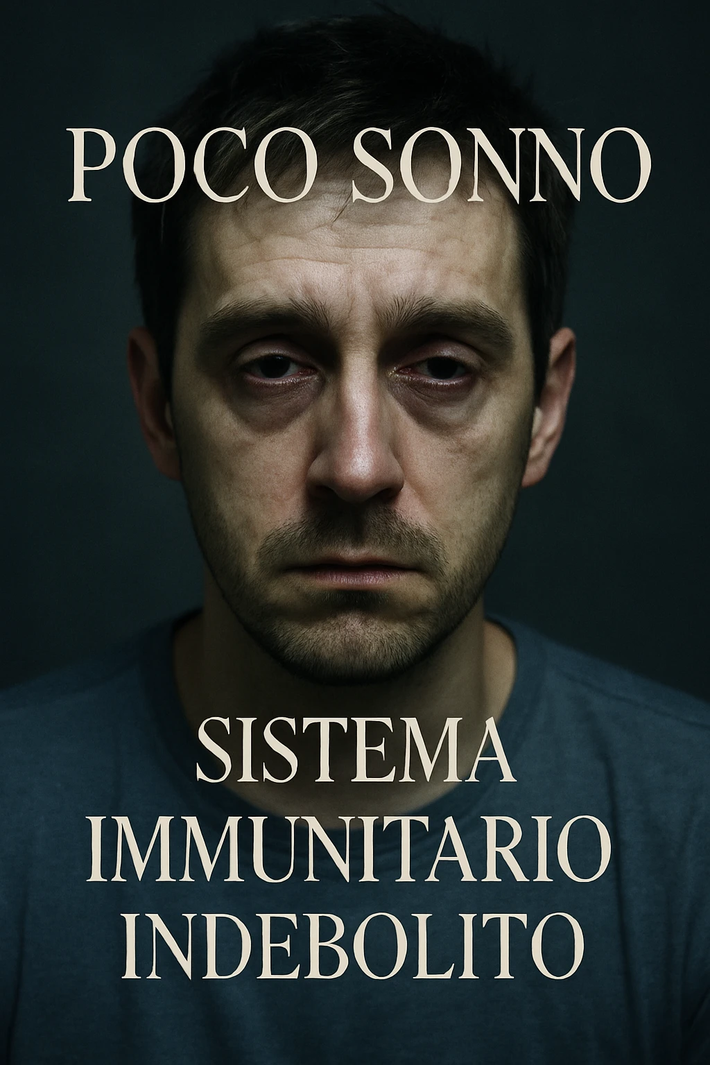 vertical realistic cinematic image of a man who sleeps little, visibly tired, with representation of a weakened immune system, clinical dramatic lighting, Italian captions, aspect ratio 2:3 emoji
