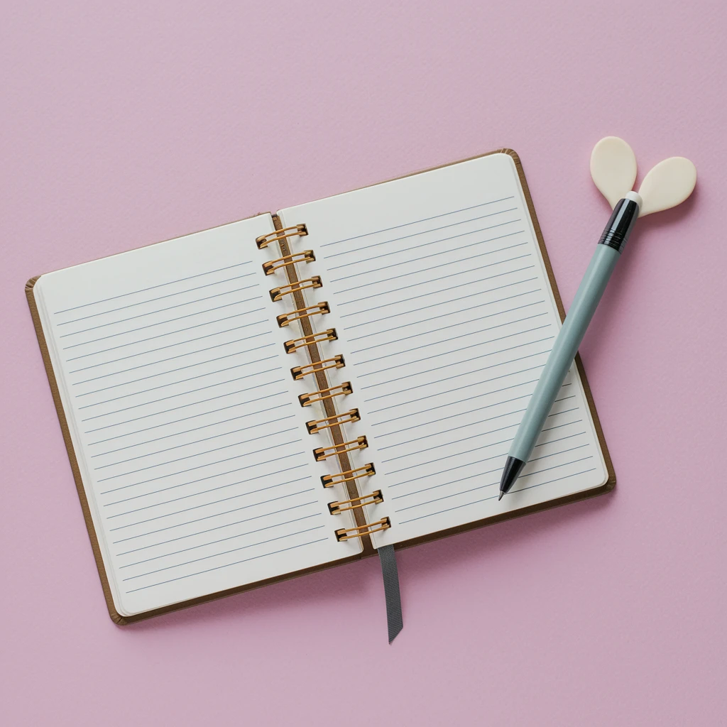 minimalist style open notebook, simple pen with ears sticking out from the top part, transparent background emoji