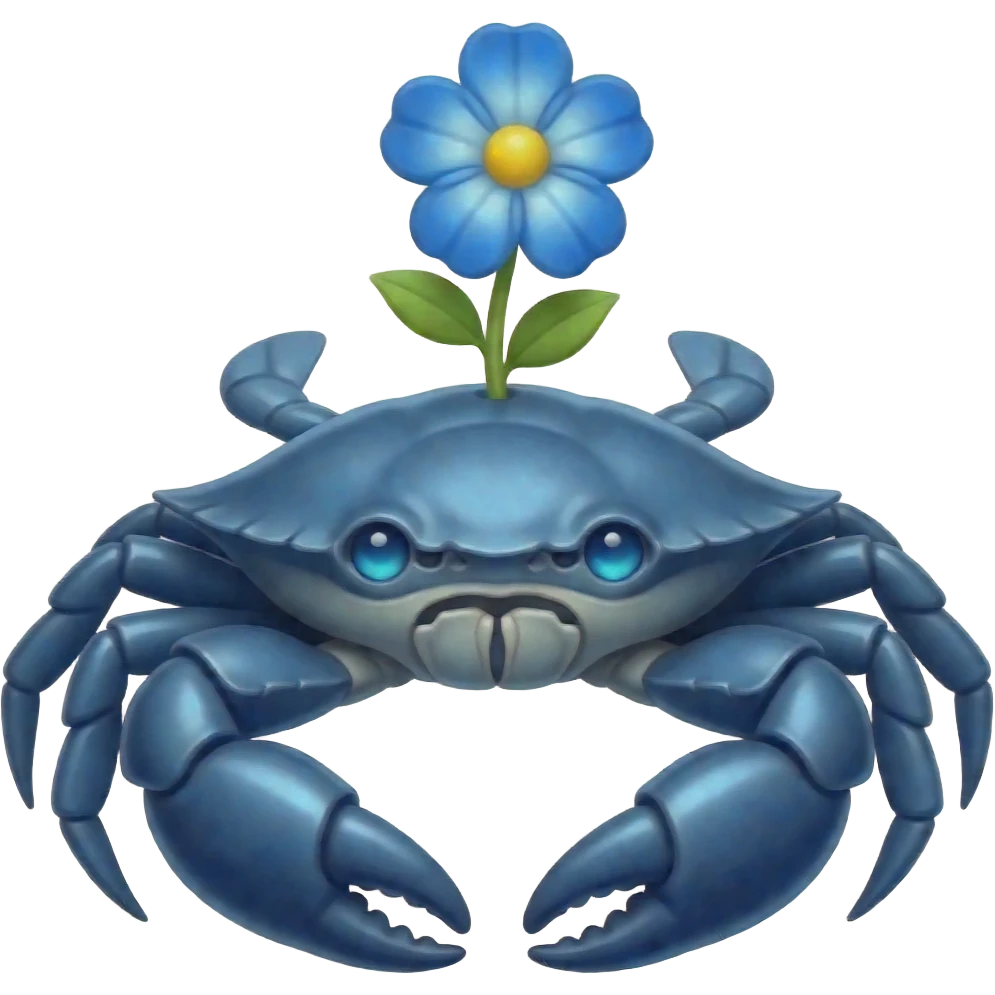 A blue crab with one blue flower a on its growing on its back with glowing blue eyes facing forward emoji