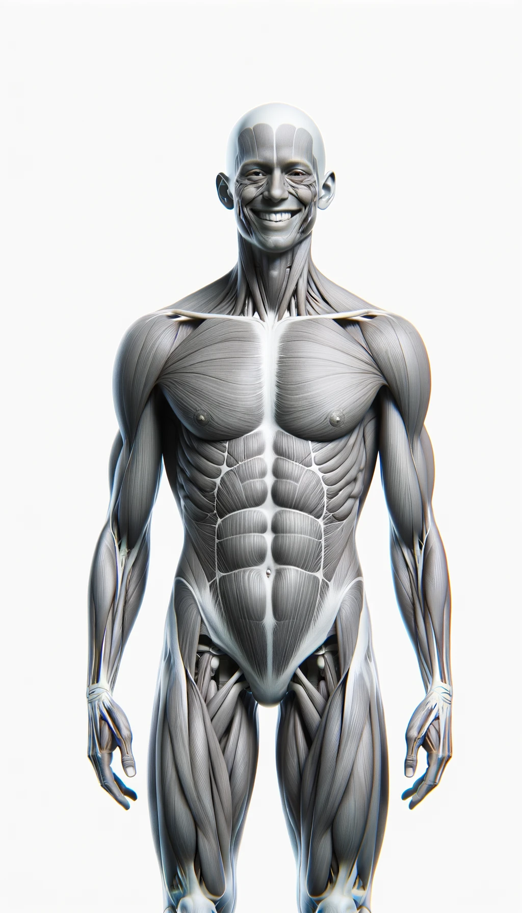 corpo umano anatomico a figura intera visibile fino ai fianchi che sorride rilassato, iperrealistico 4k, isolato su sfondo bianco emoji
