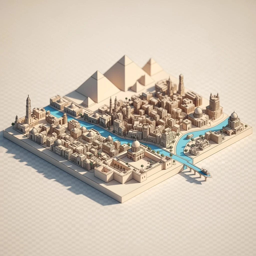 Isometric minimalistic illustration of Cairo, subtle 3D miniature effect and Tilt Shift effect, no cartoonish look, transparent background. emoji
