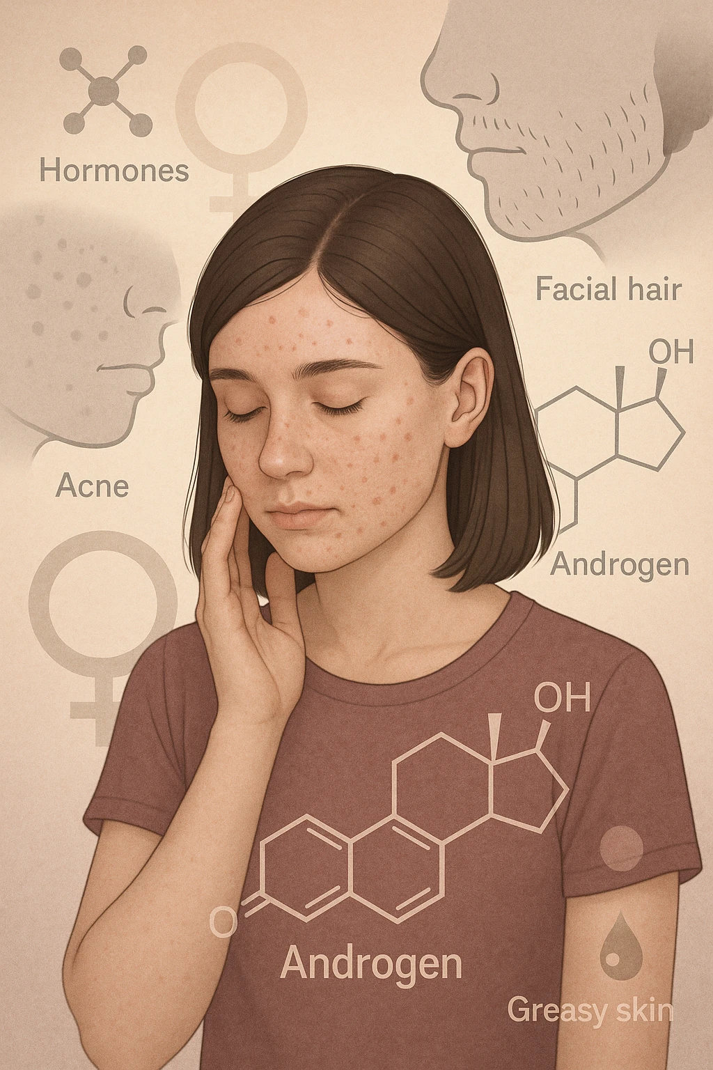 A young woman is surrounded by faint overlays of hormonal symbols and androgen molecules, with shadowy images of acne, facial hair, and oily skin projected around her, symbolizing the symptoms of PCOS with androgen excess. She looks down, gently touching her face with a resigned but hopeful expression, symbolizing her journey toward managing these symptoms. in italiano emoji