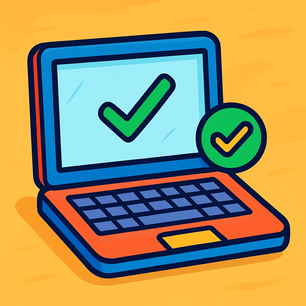 modern style laptop with a green check mark at the bottom right emoji