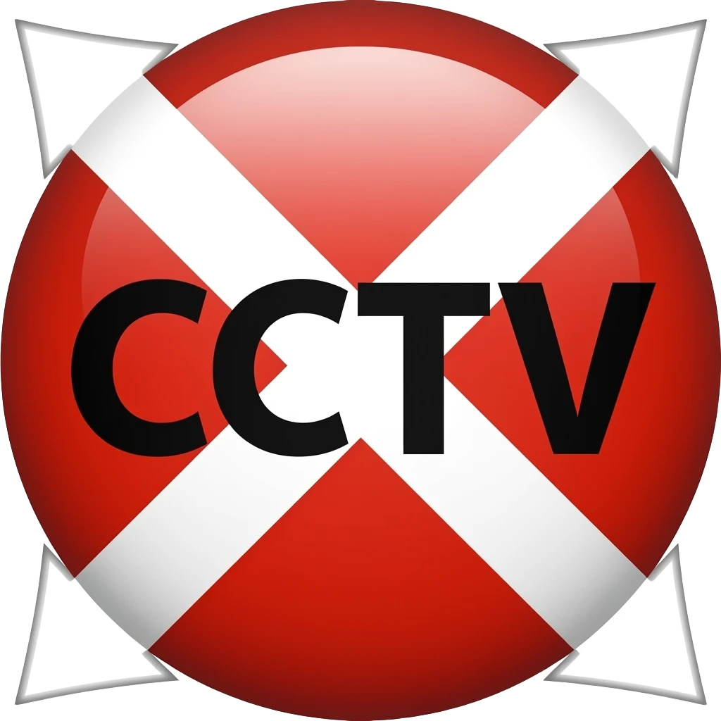 Red filled circle with white X and arrow on all end points on the X white circle in the middle. Big bold CCTV word in the centre in black emoji