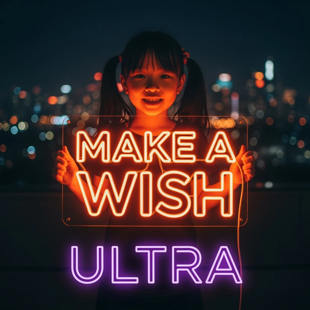 make a girl holding this sign, but sign in made of neon, also add ultra below the sign emoji