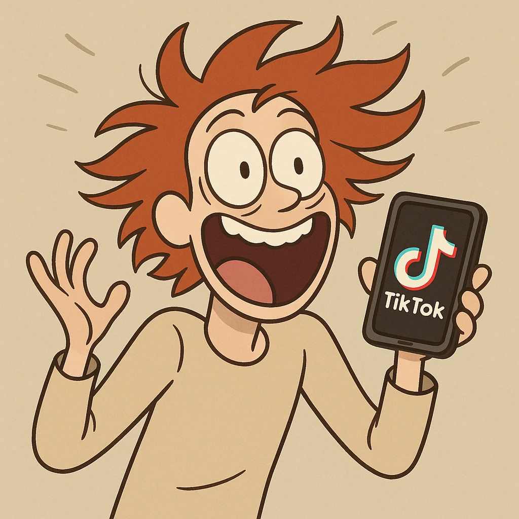 redhead person with wild excited expression, eyes wide, hair flying, holding a phone with TikTok logo, looking overwhelmed and energetic, cartoon style emoji
