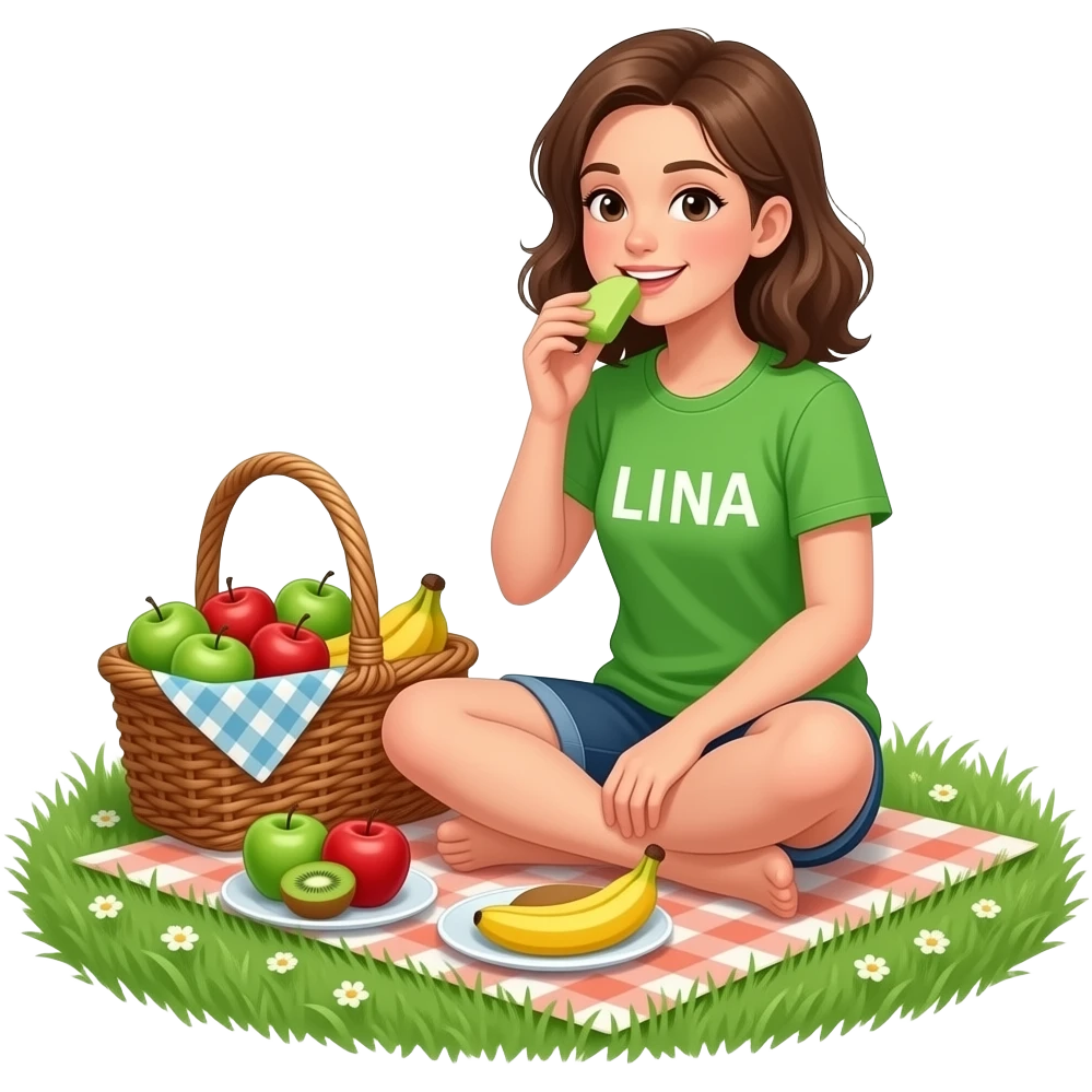 ein mädchen sitzt in der wiese und isst ein leckeres picknick mit äpfeln, kiwis und bananen. das mädchen hat eine dunkelblaue kurze hose an und ein grünes t-shirt mir der schrift LINA darauf emoji