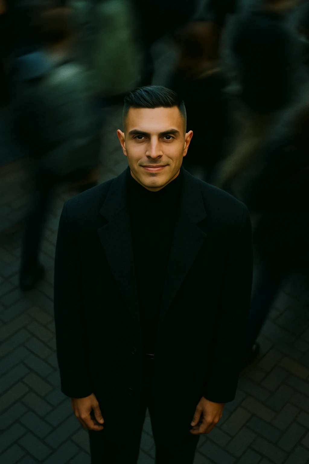 overhead shot of me standing still on a brick city sidewalk, wearing a dark oversized blazer,
motion-blurred crowd rushes past around me. Moody lighting, 35mm film look, shallow depth of field, sharp focus on me. emoji