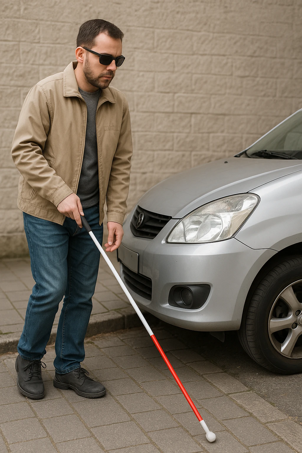 A blind person with a white cane walking cautiously on a pavement, a car is parked blocking the path, emphasizing the obstacle and the person's careful movement. emoji