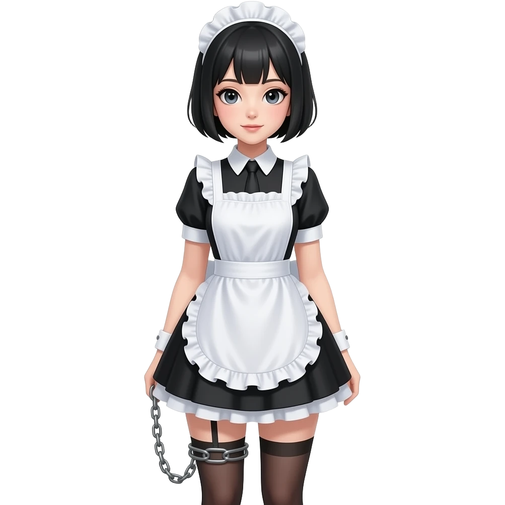 female maid, black pixie cut hair, ball & chain attached to leg, emoji