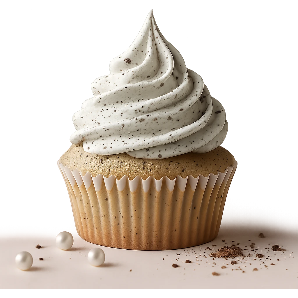 Change the icing to cookies and cream style with white icing and visible cookie crumbs, keep the realistic cupcake and accessories, photorealistic style, transparent background. emoji