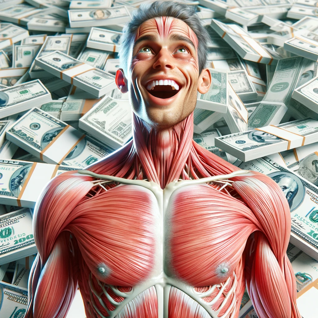 corpo umano anatomico sereno e felice con una montagna di banconote davanti, espressione stupita, iperrealistica 4k, isolato su sfondo bianco emoji