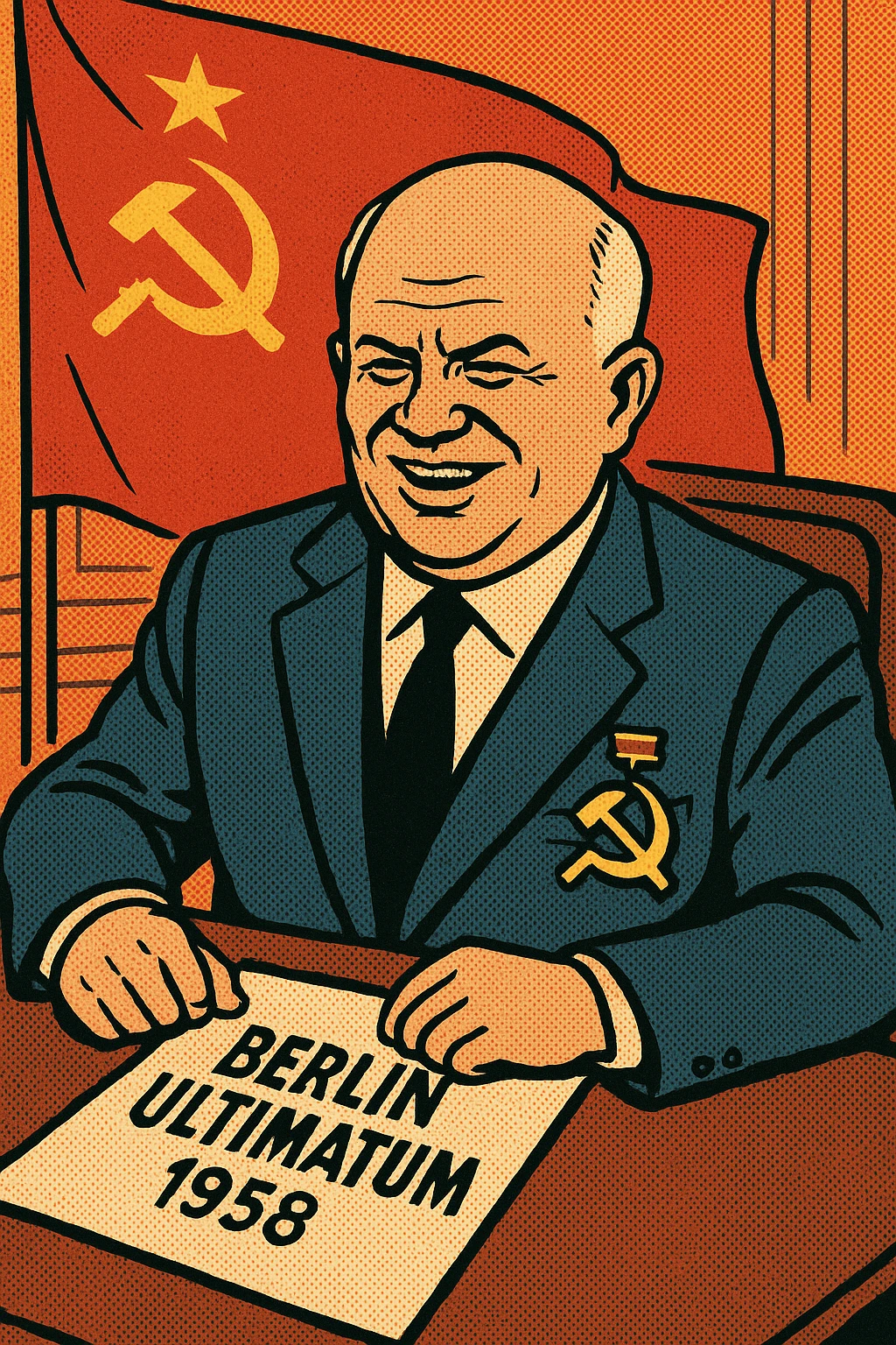 Soviet leader Khrushchev wearing a suit with a large communist party badge on his chest sitting in an office with a piece of paper in front of him with the words 'Berlin Ultimatum 1958' written on it. In the background is a communist flag emoji