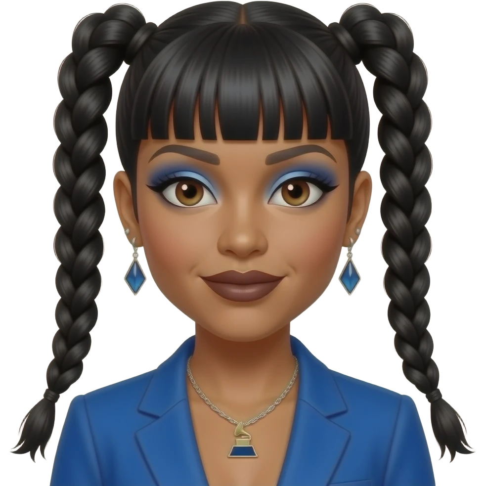 Lisa Left Eye Lopes from TLC with brown eyes, black two high braids hair with bang, blue eyeshadow, dark brown lipstick, blue grammy suit jacket, necklace and earrings emoji