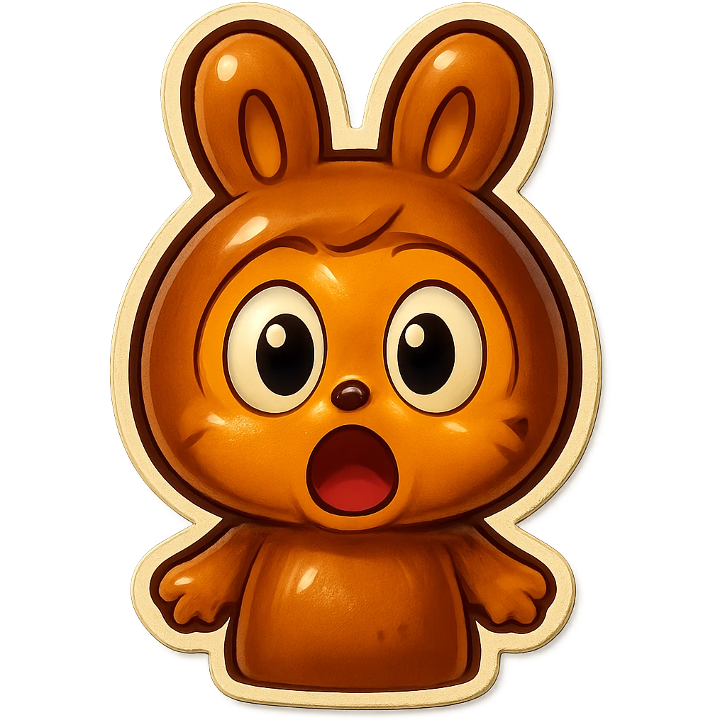 Change the brown bunny character's face to a surprised expression with wide eyes and open mouth, maintaining the retro stickers style. Transparent background. emoji