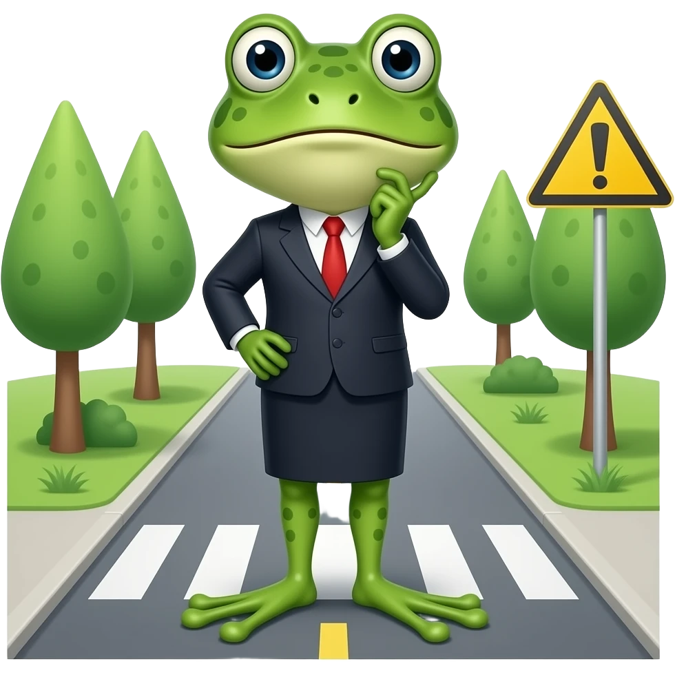 A frog, a female official, who is going to a meeting and stands in front of a road, thinking about how to cross it. Comical. You can also see the road. emoji