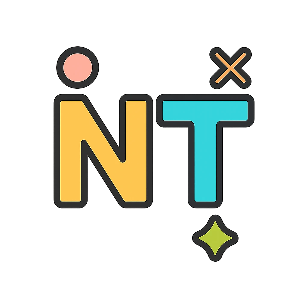 letters NT in a playful icon style, with colorful accents and a fun vibe emoji