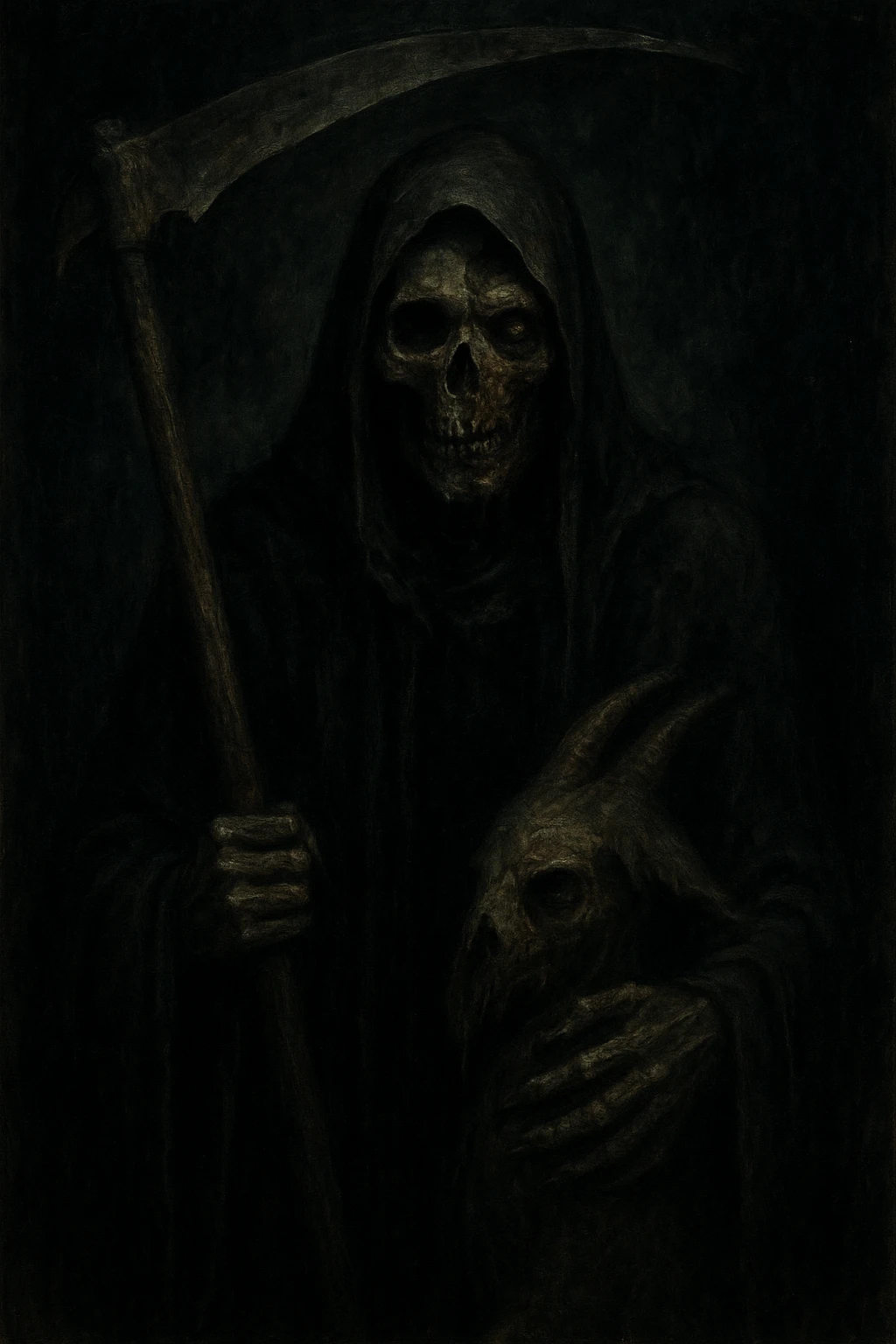 A grim reaper character, left hand grasping a faun, face half skeletal, half decaying zombie, ominous and shadowy, dark, haunting, and supernatural mood. emoji