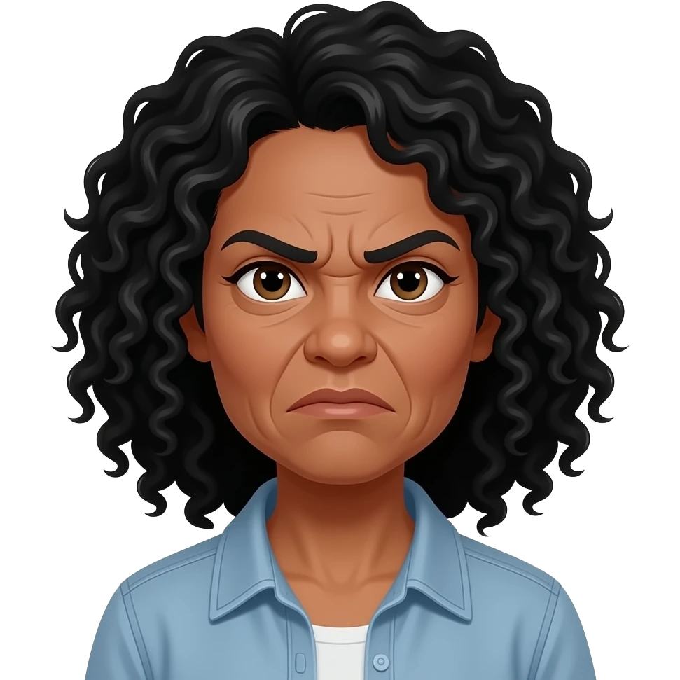 Quiero que le agregues mas arrugas como de una mujer de 30 años y un pelo negro rizado. Además quiero que tenga las cejas frunzidas, como enfadada pero no tanto. emoji