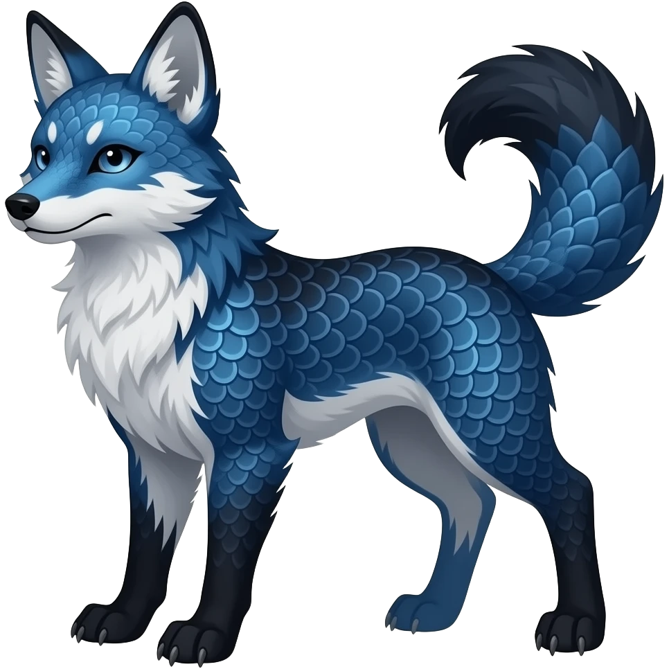 Feral Rare Fantasy scaly evil spooky vibrant dark shady shaded detailed deep-dark-cobalt-blue-gradients-colored colorful Vernid-Sergal-Genet-Trico-Fox-species by LiLaiRa, with dark-blackish points, white belly, random markings, tufted tail, tufted ears, full body emoji