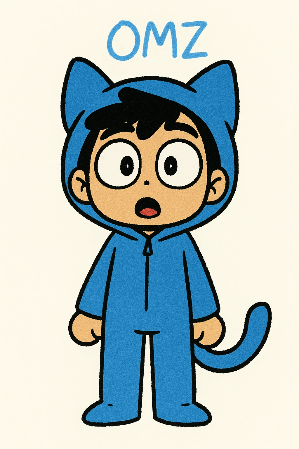 Extract only the blue character (OMZ) from the group in the original style and quality. Give the character a surprised expression. emoji