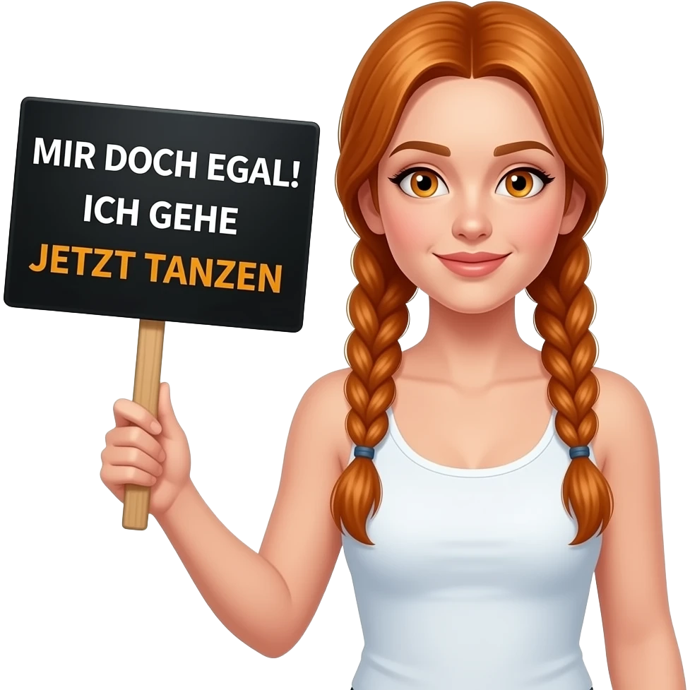 sexy girl with long ginger braids and ginger eyes wearing a white tanktop is holding a black sign with MIR DOCH EGAL! ICH GEHE JETZT TANZEN written on it emoji