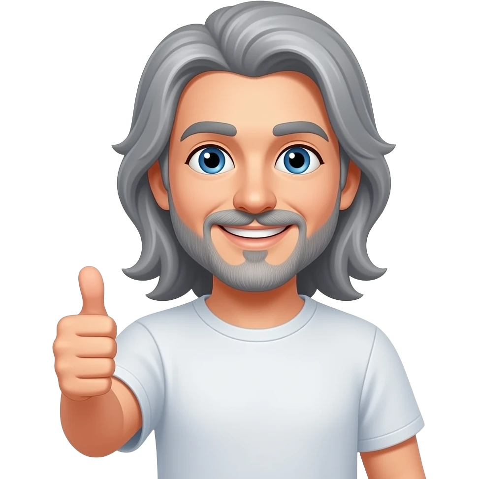 smiling, blue eyes, long gray hair, mustache, goatee, a T-shirt with thumbs up emoji
