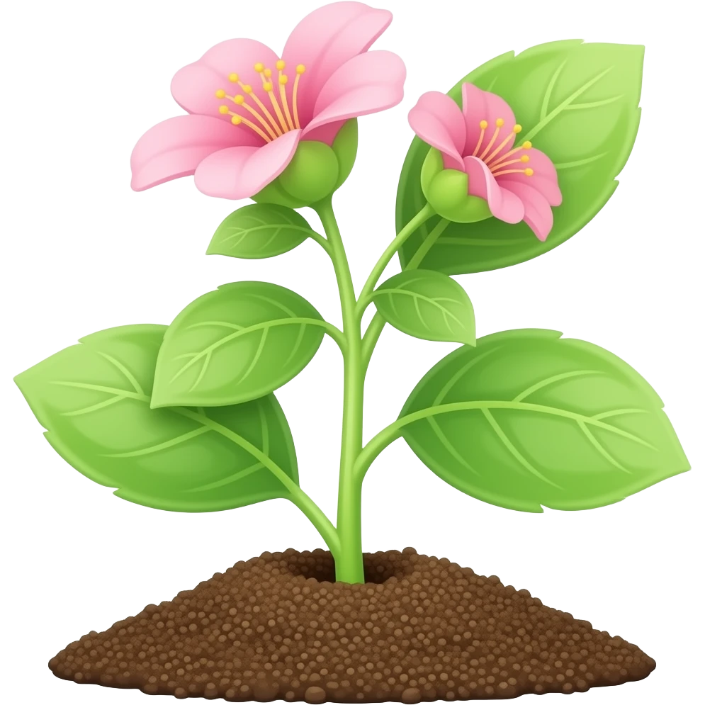 green plant from the ground with leafs And Pink flowers blooming emoji