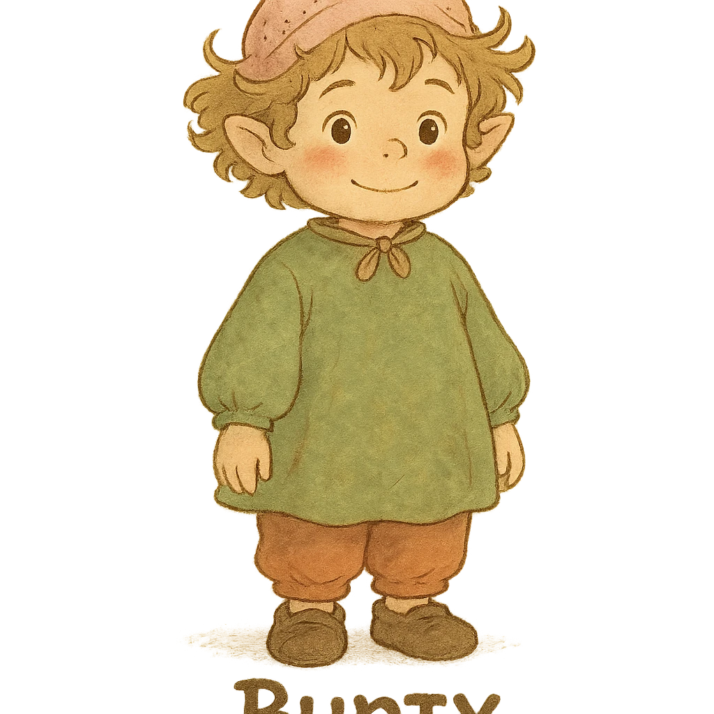 ghibli style illustrated character named Bunty, whimsical and soft emoji