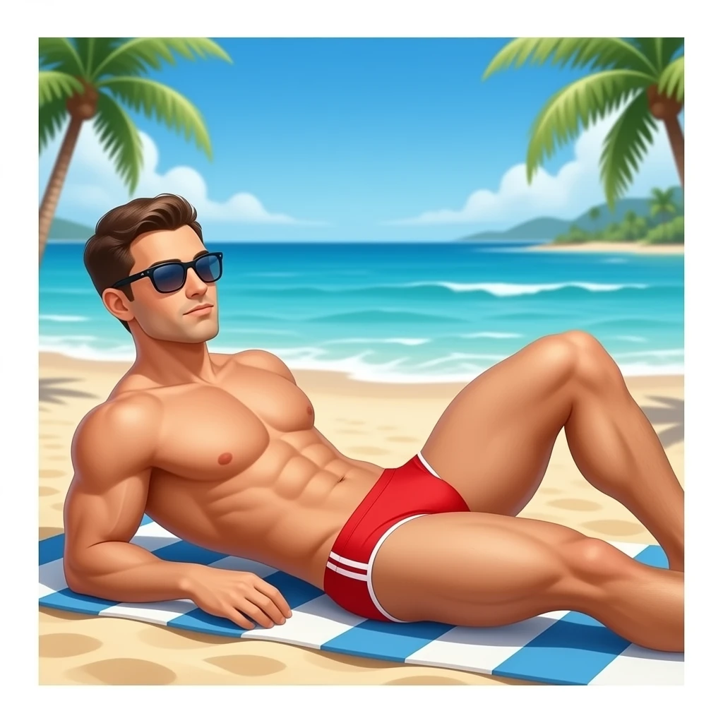 Erstelle ein Bild von einem Strand, mit im Bild ist ein muskulöser Mann zusehen der sich im liegen sonnt, er trägt rote enge speedo und Oberkörper frei und trägt eine Sonnenbrille emoji