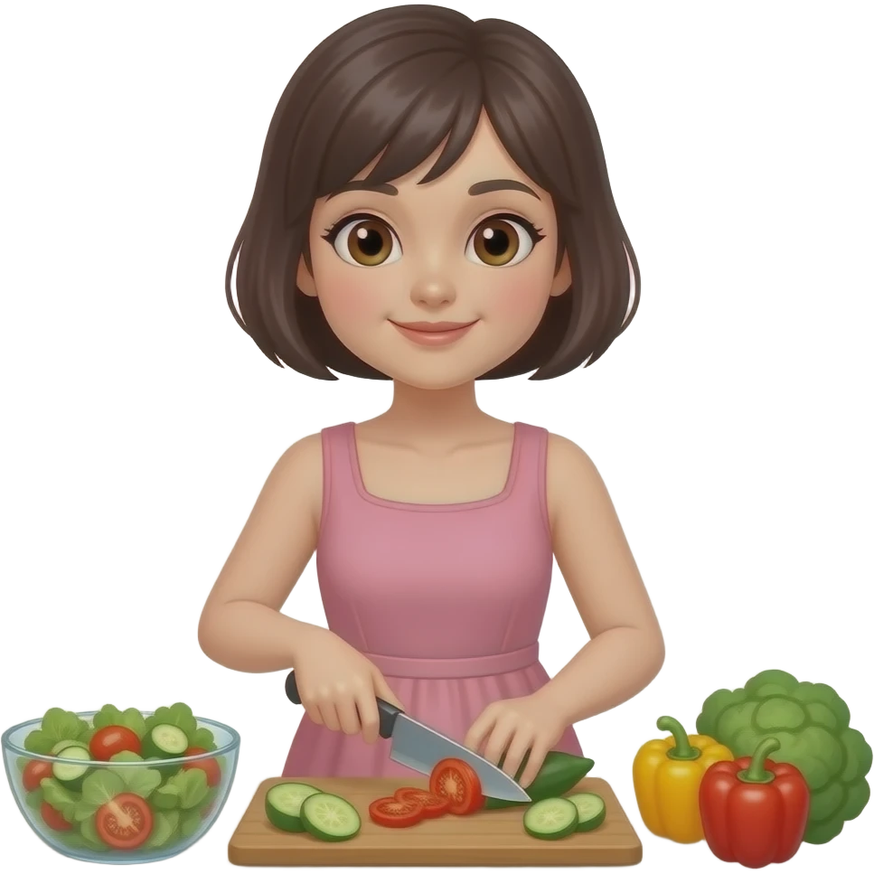 chica de cabello oscuro y corto, con ojos color cafe, con vestido color rosa, en la cocina picando vegetales para una ensalada emoji