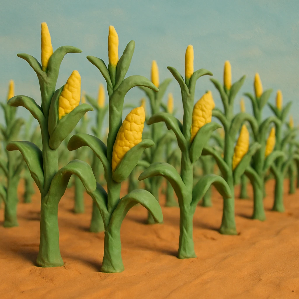 rows of tall corn stalks with green leaves and yellow corn in a corn field, soft pastel colors, blue sky, claymation style emoji