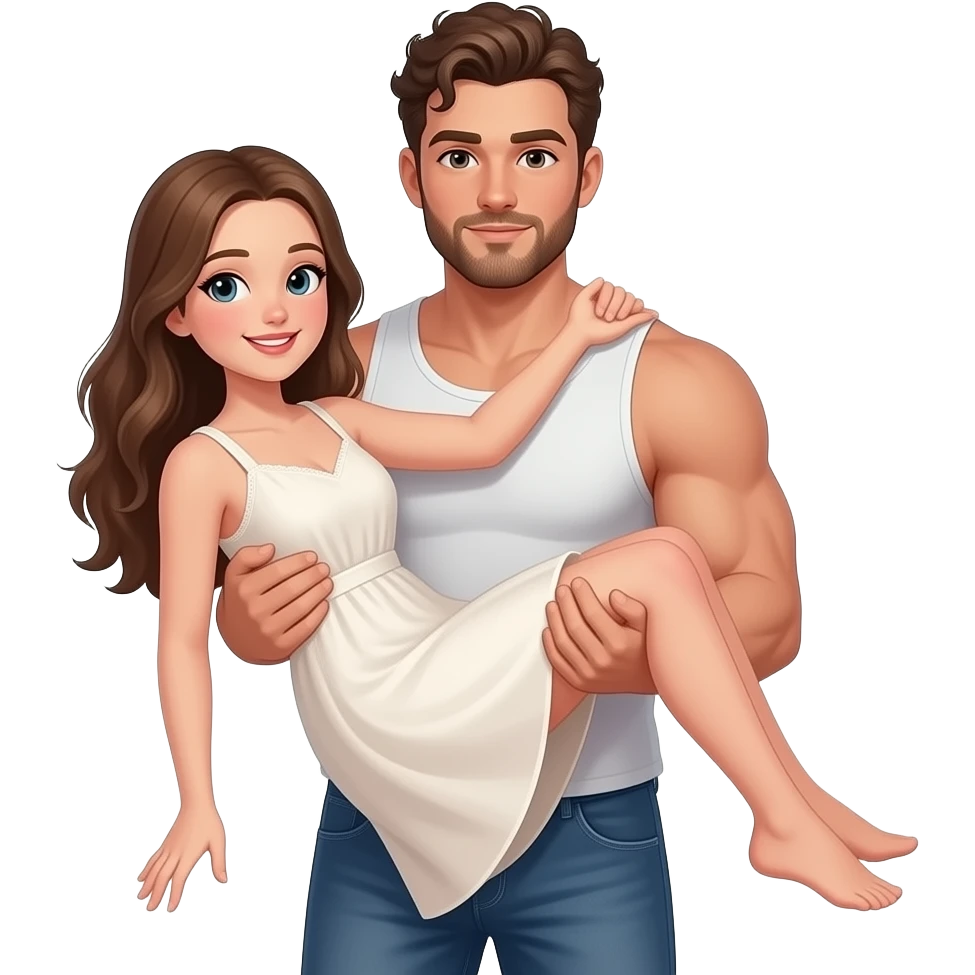 Realistic white skin brown short curly hair with beard muscular man carrying white skin long straight brown hair girlfriend wearing aesthetic dress HD emoji