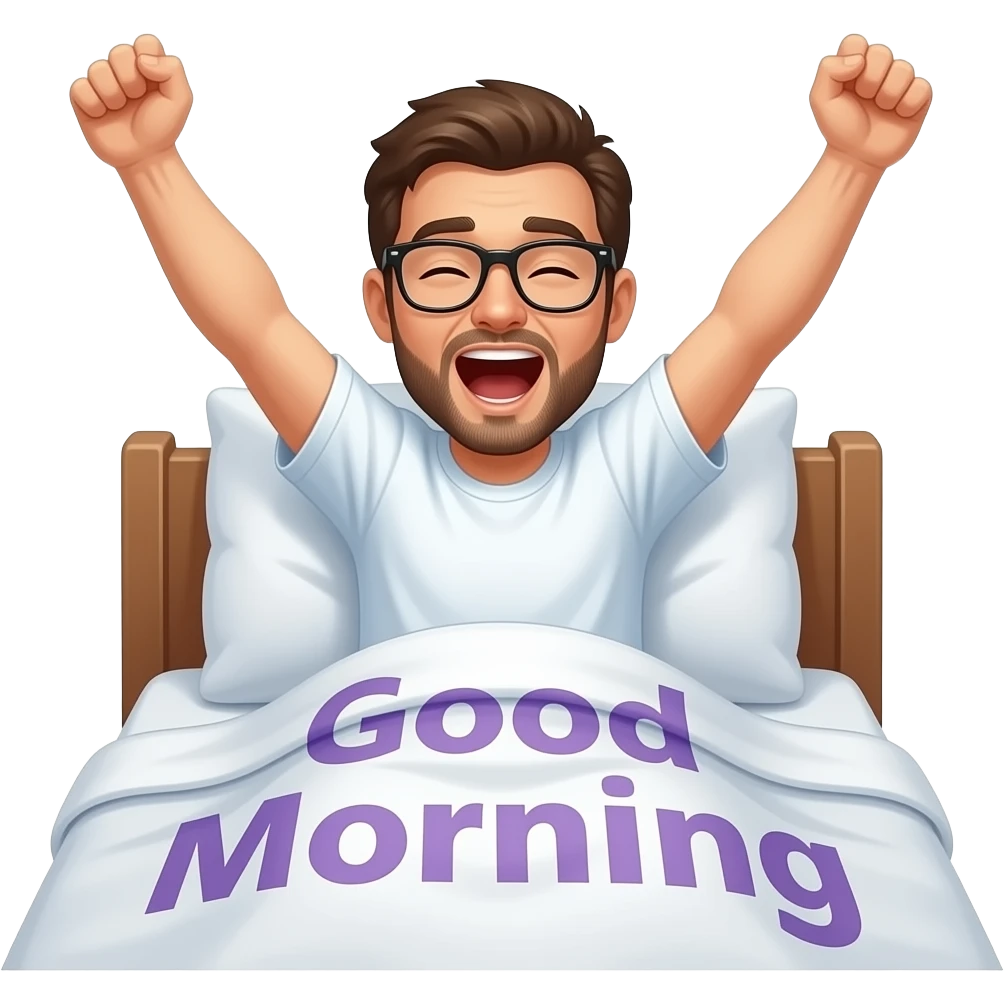 a man waking up in bed with arms fully stretched and yawning with the words "Good Morning" in purple printed across emoji