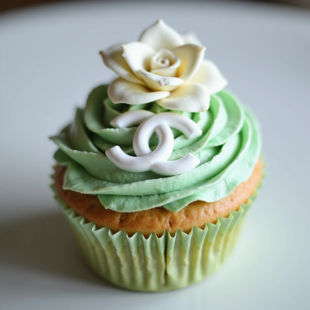 photorealistic pastel green Chanel cupcake with a white camellia flower and edible logo emoji