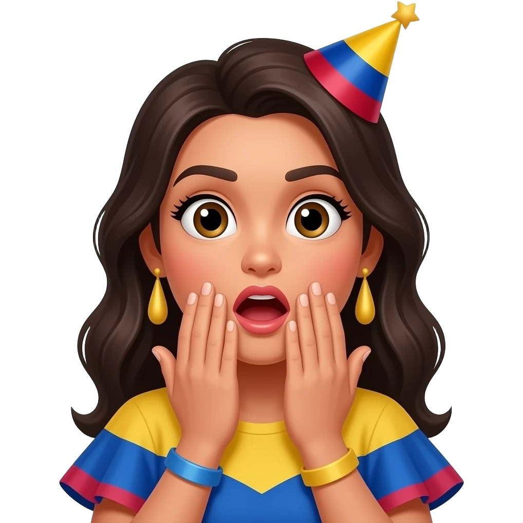 colombian woman in party clothes very shocked expression with hands covering mouth closeup emoji