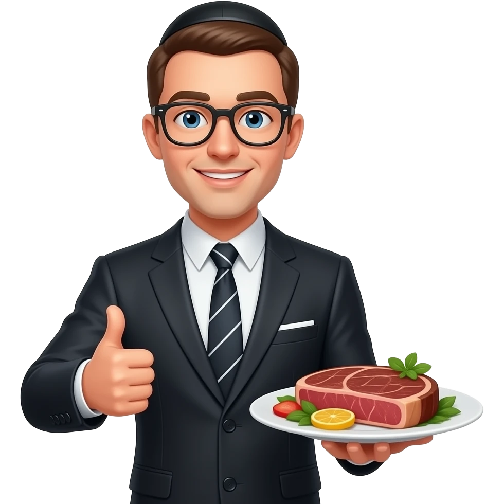Clean shaven Young White man in nice suit with black kippa and glasses full body giving thumbs up and serving a steak emoji