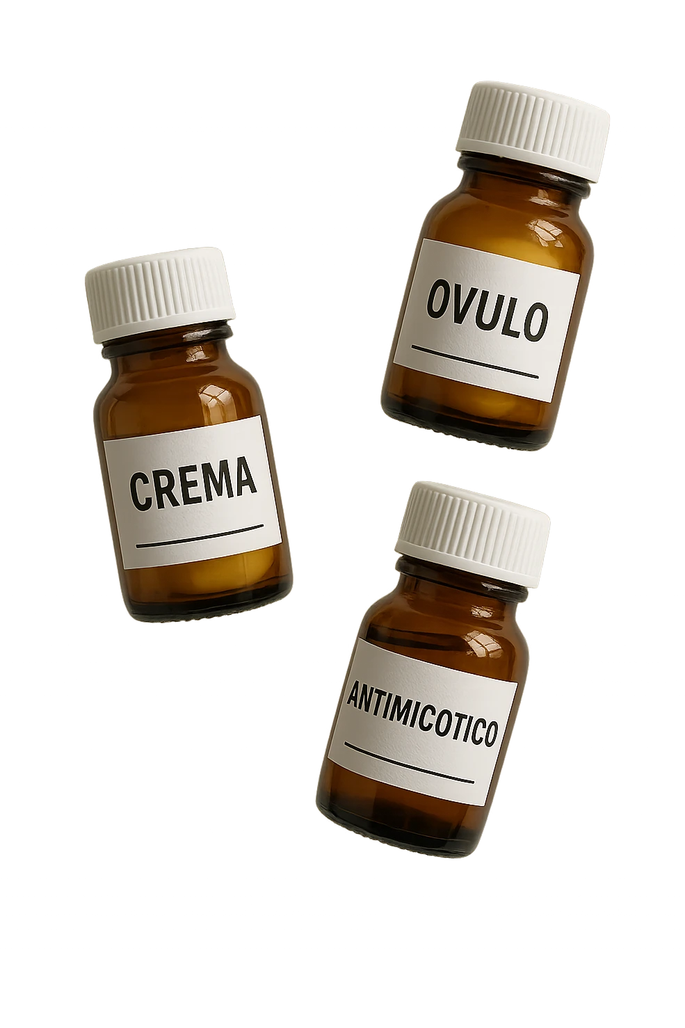 boccette di farmaci fluttuano in aria con le scritte: crema, ovulo o antimicotico in italiano sulle etichette, IPERREALISTICO 4K emoji