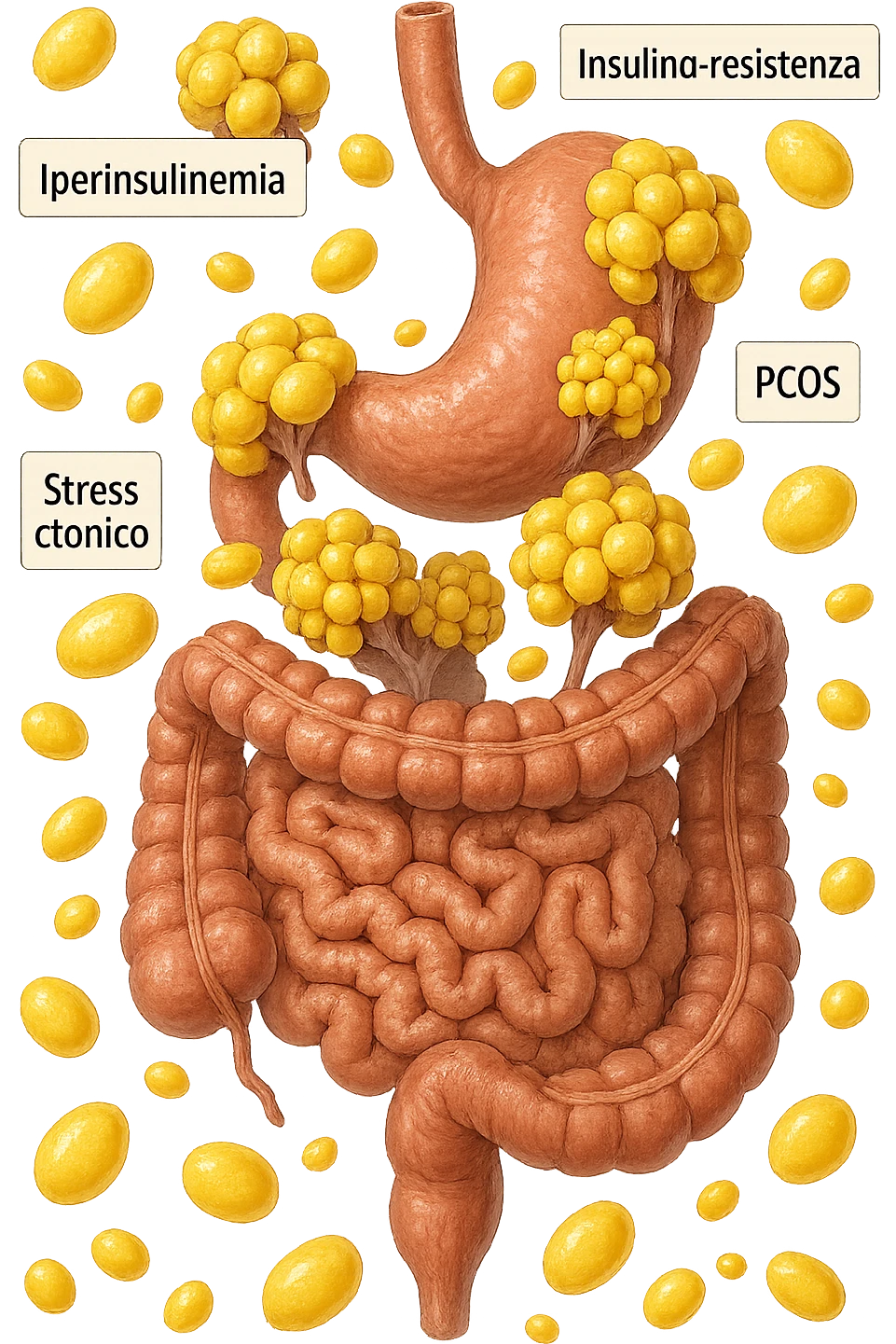 STOMACO E INTESTINO SONO VERTICALMENTE COLLEGATI E INTORNO A QUESTI ORGANI CI SONO CELLULE DI GRASSO GIALLE ATTACCATE SOPRA A GRAPPOLI, intorno fluttuano cellule di grasso giallo e alcune targhette con queste parole "Iperinsulinemia", "insulino-resistenza", "PCOS", "Stress cronico", "asse HPA", IPERREALISTICO 4K emoji