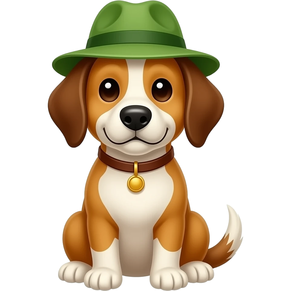 A dog in sit position wear a green hat emoji