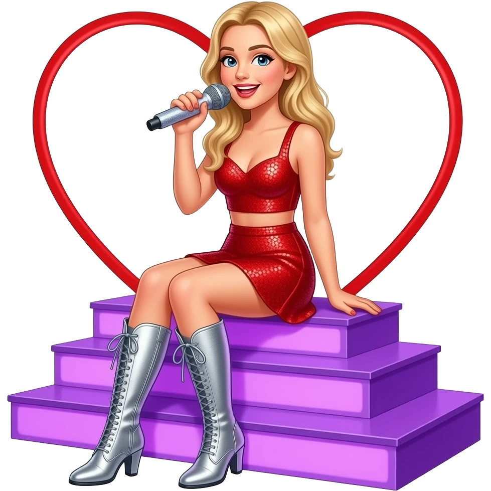 Sabrina Carpenter blonde hair in red sequin two piece with silver boots with a red heart outline at the side. She is singing with a glitter microphone while sitting on lavender illuminated steps with lavender light banks lighting up the stage emoji