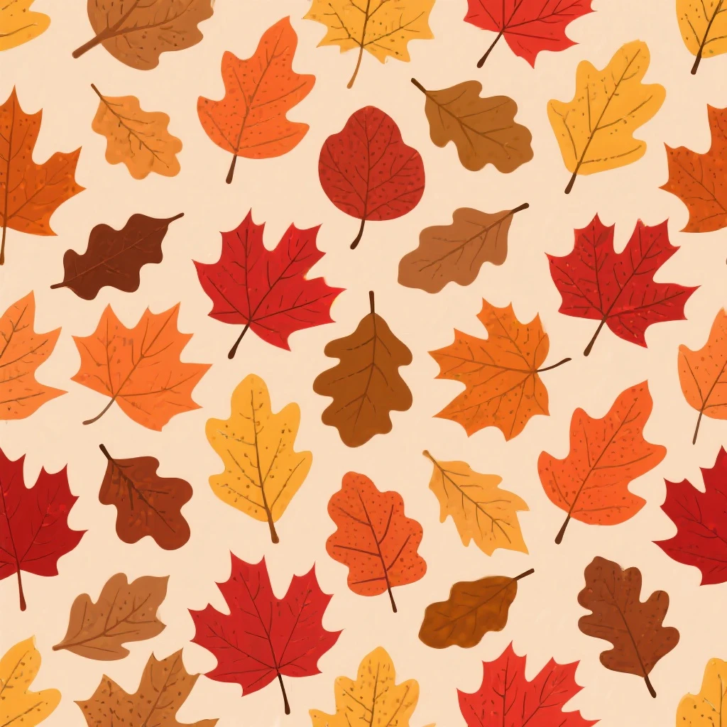 fall leaves seamless background, maple and oak leaves, red orange yellow brown, scattered pattern, soft texture, warm cozy vibe emoji