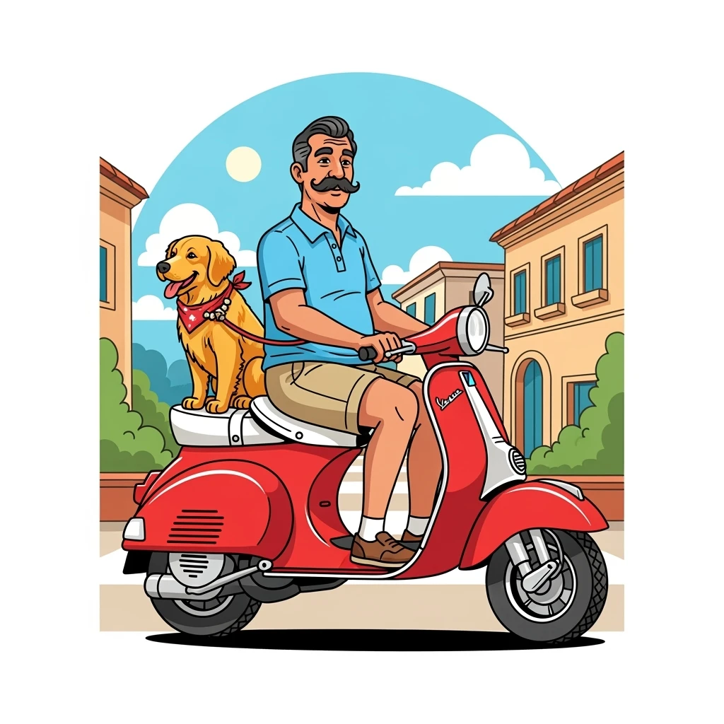 gvector art of a man and his pet dog riding a vespa, for website design emoji