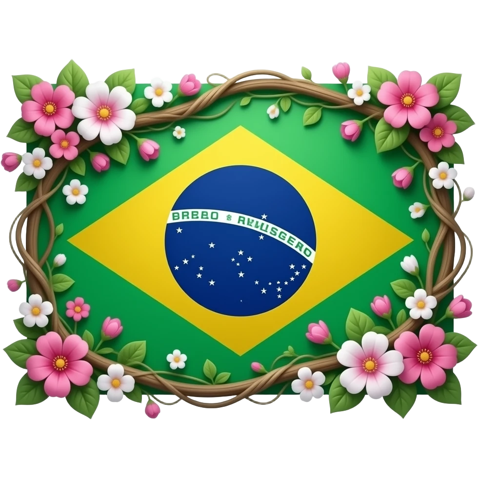 Lots of pink and white vines and flowers wrapped around the Brazil flag emoji