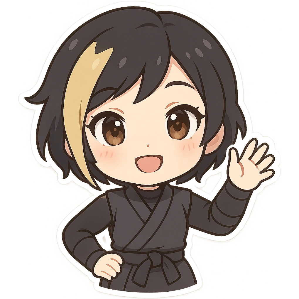 Chibi ninja girl with black short hair and a blonde streak, big head, small body and arms, not overly round or infant-like, cute and playful, anime-style face with large expressive eyes, small nose and mouth, subtle blush, hand fully raised, waving, smiling, pastel colors, soft shading, clean outlines, no mask, transparent background, face looks sexy with slightly parted lips, confident gaze, longer lashes, subtle contouring. emoji