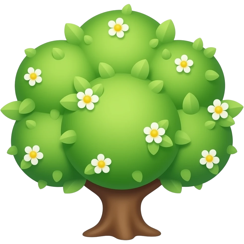 Apple-style blooming tree, round soft green canopy. No pot, no ground — only the tree. Small white and yellow flowers inside the leaves. Flat 3D vector, clean shapes, no gradients. emoji